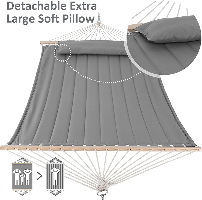 SUNCREAT Double Hammocks Standing Backyard Hammock with Stand, 2 Person Heavy Duty Hammock with 13.5 ft Wooden Stand, Light Gray