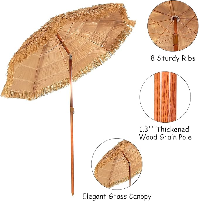 Giantex 6.5Ft Thatched Tiki Umbrella, Hawaiian Style Patio Grass Umbrella with 8 Ribs & Tilt Adjustment, Outdoor Portable Beach Sunshade for Yard, Garden & Poolside