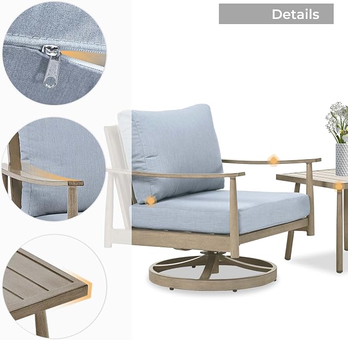 HAPPATIO Aluminum Outdoor Furniture Set - 5 Pieces Patio Furniture Set Includes 1 Side Table, 2 Swivel Chairs and 2 Ottomans with Thick Cushion, Patio Conversation Set for Backyard Poolside (Brown)