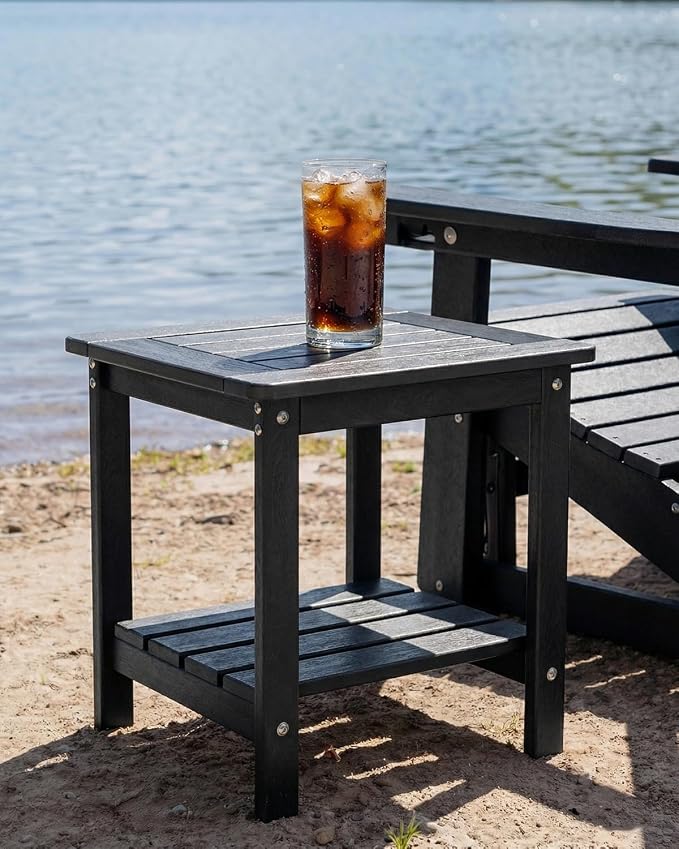 Kibaso-Adirondack Outdoor Side Table, 2-Tier HDPE Outdoor End Table, Weather Resistant Easy Maintenance, Small Patio Side Table for Patio, Pool, Porch, Garden, Lawn, and Living Room (2, Black)
