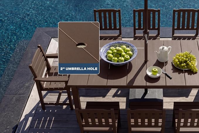 Perli™ 7-Piece Outdoor Dining Set, All-Weather HDPE Patio Furniture with 6 Ergonomic Chairs & Large Table, Built-in Umbrella Hole, UV-Resistant Set for Backyard, Deck, Poolside, Coffee
