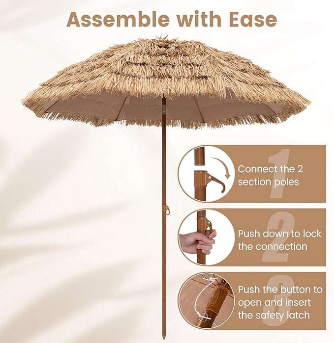 Tangkula 7.2Ft Tiki Patio Umbrella, Hawaiian Style Outdoor PE Grass Umbrella with Tilt Adjustment, 8 Ribs, Portable Thatched Beach Umbrella for Garden, Yard, Poolside