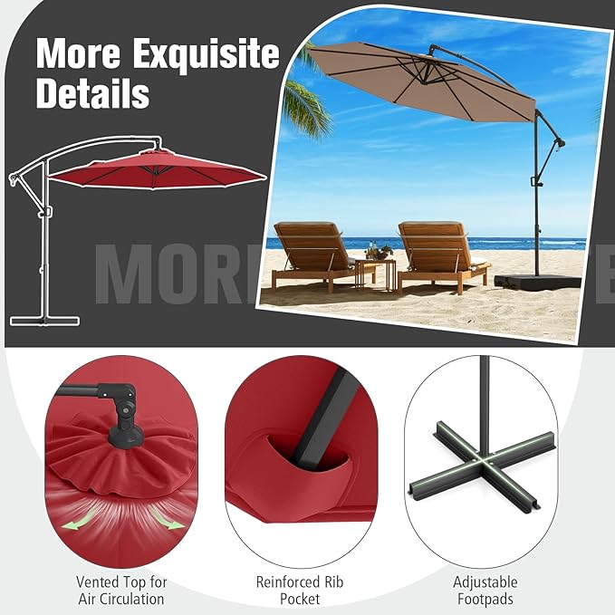 Tangkula 10 FT Patio Offset Umbrella, Hanging Cantilever Umbrella w/X-shaped Base & 360° Rotation, Smooth Crank Handle, Vented Top, Outdoor Market Umbrella for Backyard, Deck (Red)