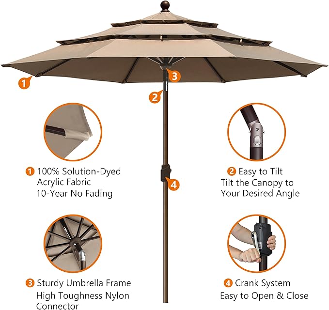 EliteShade USA 10-Year-Non-Fading 10ft 3-Tier Market Patio Umbrella, Commercial Grade Outdoor Table Umbrella with Crank Open, Windproof & UPF 50+ UV Protection, Heavy Duty Ventilation for Garden, Deck, Pool, Backyard, Beach & Bistro, Heather Beige