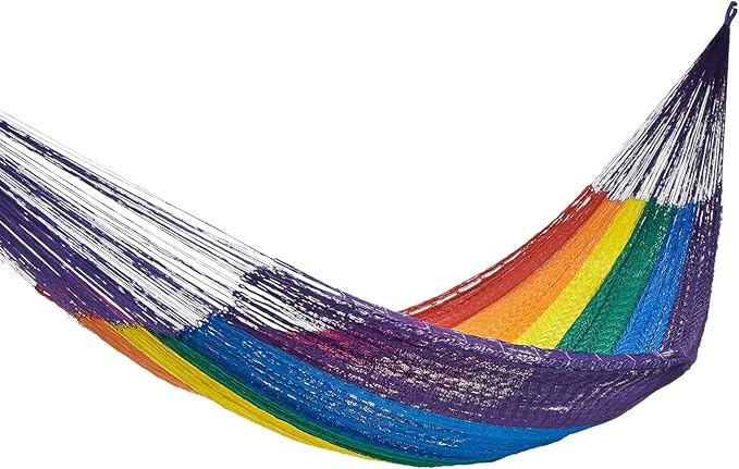 NOVICA Multicolor Rainbow Striped Hand Woven Nylon Mayan 1 Person Rope Hammock, 'Dreaming of Rainbows' (Single)