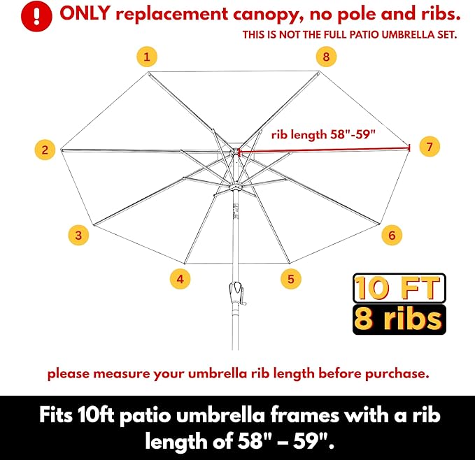 10ft Patio Umbrella Replacement Canopy for 8 Ribs, Outdoor Umbrella Canopy ONLY, Market Umbrella Top, Water-Resistant & UV-Protective