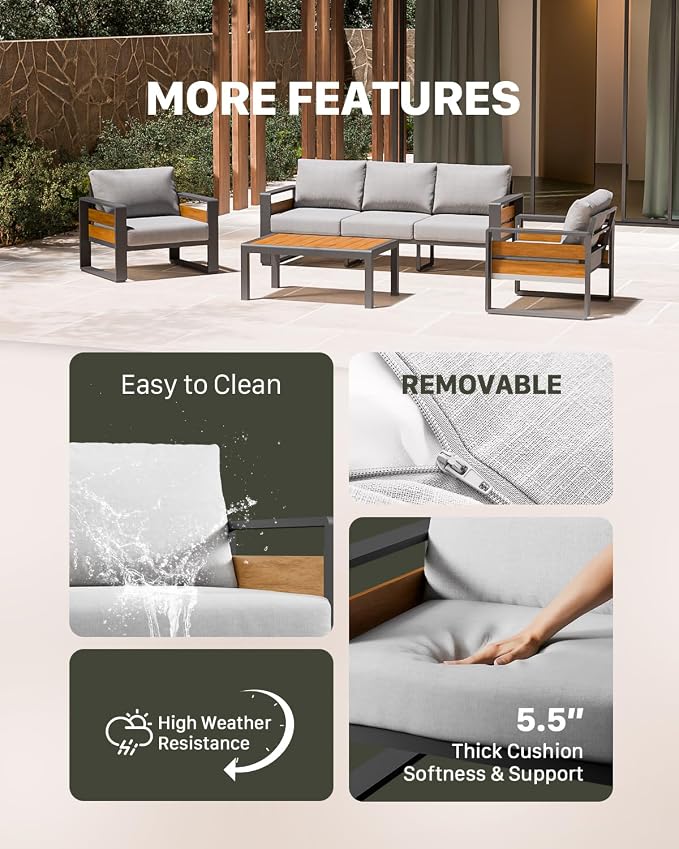 ZANDOR Aluminum Outdoor Patio Furniture Set with Coffee Table, 5 Seats Patio Conversation Sets with Washable Thick Cushions, Outdoor Sectional for Porch, Backyard, Deck, Garden & Poolside, Grey