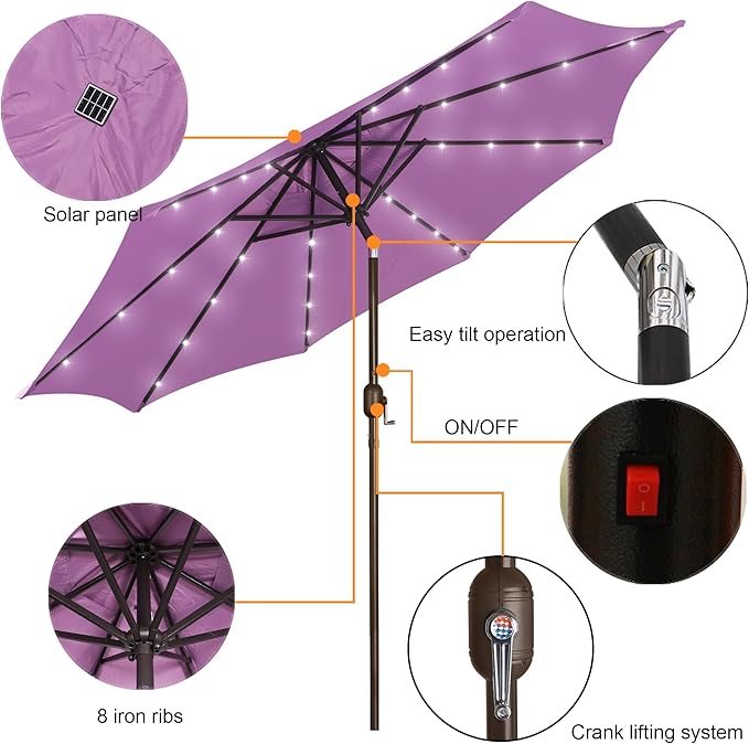 Blissun 9 ft Solar Umbrella, Patio Umbrella with 32 LED Lights, Table Market Umbrella, Outdoor Umbrella for Garden, Deck, Backyard (Lilac)