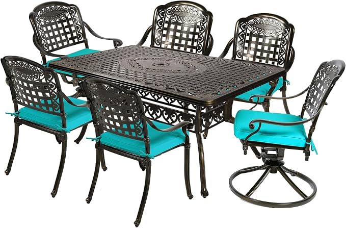 MEETWARM 7-Piece Outdoor Patio Dining Set, All-Weather Cast Aluminum Patio Conversation Set with 4 Stationary, 2 Swivel Rocker Chairs, 1 Rectangular Table, 6 Cushions, 2" Umbrella Hole, Ocean Blue