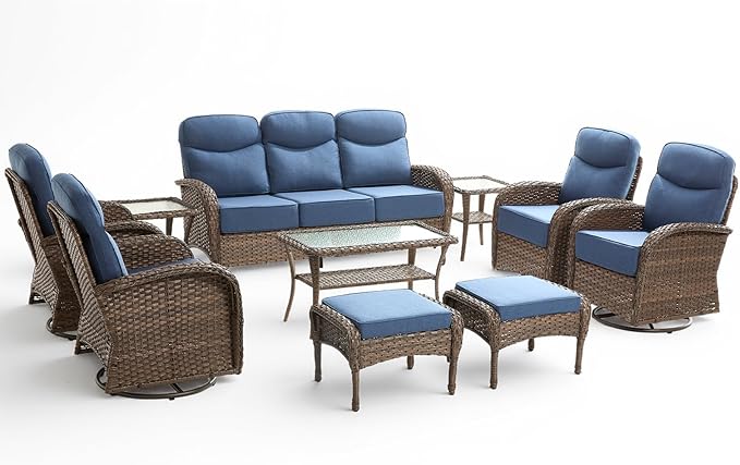 10 Pieces Luxury Outdoor Patio Furniture Set with 6-Inch Thick Cushions, Wicker Outdoor Furniture with High Back Swivel Patio Chairs Set of 4, Wicker Conversation Set for Deck Garden Porch, Blue