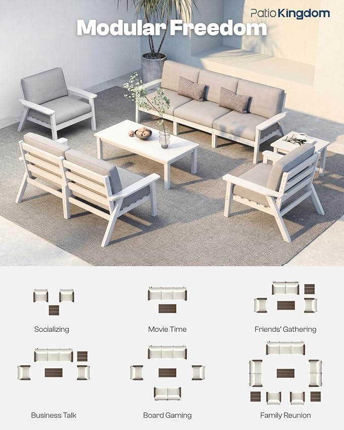Patio Furniture Set with Washable Thick Gray Cushions, HDPE Outdoor Couch, All-Weather Outdoor Sectional Furniture, Patio Conversation Sets for Lawn, Garden, Porch (White Frame)
