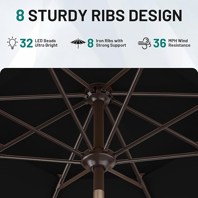 AreShark 9ft 2 Tiers Patio Umbrella with Solar Lights, Outdoor Umbrella w/ 32 LED Lights&8 Sturdy Ribs, Table Umbrella for Deck, Backyard, Pool(Black)