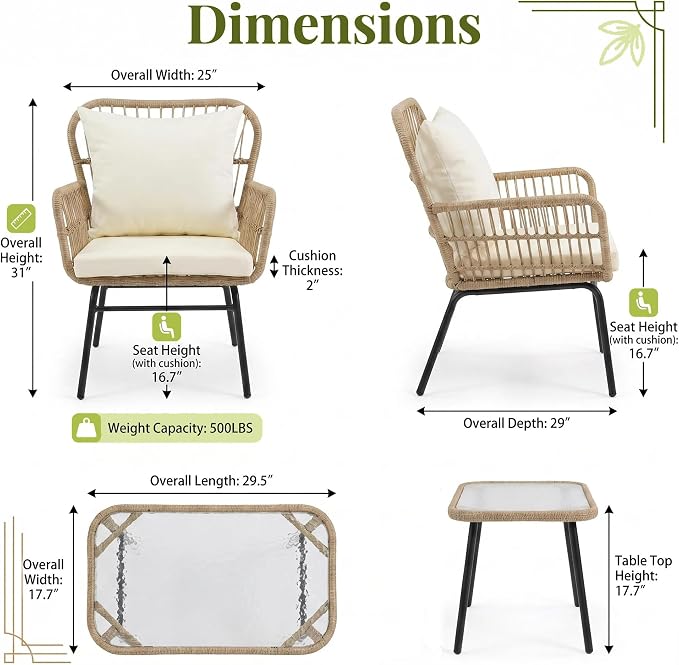 RADIATA 3 Pieces Boho Wicker Patio Chair Set with Thick Cushion and Side Table, Outdoor Conversation Rattan Furniture, Bistro Table and Chair for Porch Deck Backyard Garden, Beige