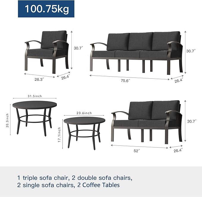 Kullavik Aluminum Patio Furniture Set with 2 Round Coffee Tables,7-seat Metal Outdoor Sectional Furniture w/5.1" Cushions,Patio Conversation Sets for Garden,Backyard,Porch-Black