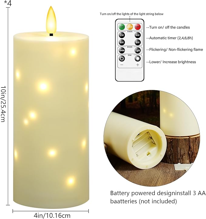 kakoya 10" x 4" Large Outdoor Waterproof Flickering Flameless Candles with Timer,4Pcs Battery Operated LED Pillar Candles with Embedded Star String for Outdoor Lanterns,Porch,Patio Decor(Ivory)