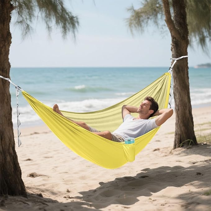 Yellow Solid Color Camping Hammock, Portable Lightweight Single Hammock with Tree Straps and Aluminum Carabiners, 114" x 54" Travel Hammock for Hiking Backpacking Beach