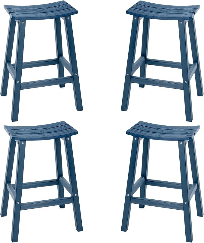 Weatherproof Bar Stools Set of 4, 28" Height Outdoor Bar Stools Holds up to 400 lbs, Saddle Seat, Bar Height Stools for Patio, Garden, and Kitchen Island, Blue