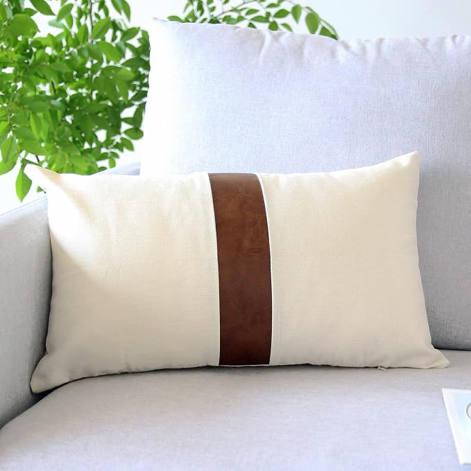 Outdoor Pillow Covers Waterproof 12X20 Inch Waterproof Linen Patchwork Faux Leather Throw Lumbar Pillow Covers for Patio Garden Living Room Sofa