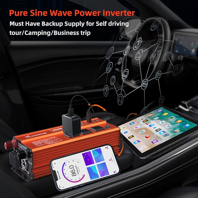 1000W Pure Sine Wave Inverter, Car Power Inverter, 12V DC to 110V AC Power Converter, Emergency Power Inverter with Type-C, Dual 5.2V/2.4A USB, 3AC Outlets for Home,Camping, RV, Truck, Vehicles
