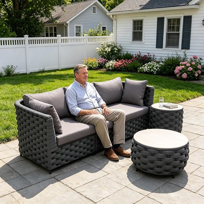 3-Seat Modular Outdoor Sofa Set with Coffee Table, Woven Rope Patio Sectional Couch, Rust-Proof Aluminum Frame, Water-Resistant Cushions for Backyard Balcony Deck, Dark Gray