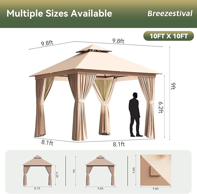 10'x10' Gazebo, Outdoor Gazebo Metal Frame Canopy with Double Roofs, Heavy Duty Patio Tent Shelter with Mosquito Netting and Privacy Screen for Backyard, Beige