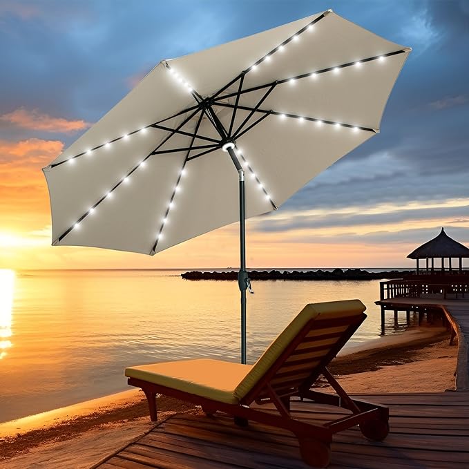 GDY 10Ft Patio Umbrella, Table Umbrella with 40 LED Lights, Outdoor Umbrellas for Patio, with Tilt and Crank, Center Light, for Garden, Deck, Backyard, Pool, and Beach.