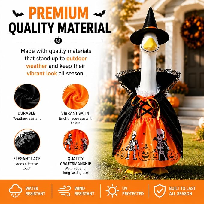STONESTAR Halloween Porch Goose Outfits for 23'' Lawn Geese Statue Goose Costume with Pumpkin Dress Witch Hat Lace-Trim Cape, Outdoor Garden Goose Decor for Patio Yard Lawn Art Halloween Ornament
