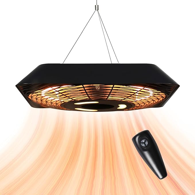 Star Patio Electric Patio Heater, Outdoor Heater with Remote and Touch Switch, 750W/1500W Infrared Hanging Heaters with SQUARE SHAPE Black Finish, IP45 Waterproof, STP1568-RMLED-SQN2025