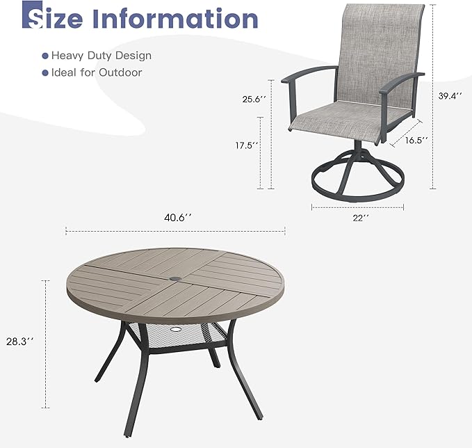 VICLLAX Outdoor Table and Chairs Set for 4, Patio Dining Set of 40.6" Metal Round Patio Table with Umbrella Hole & 4 Swivel Outdoor Dining Chairs for Backyard Lawn, Grey & Antique Grey