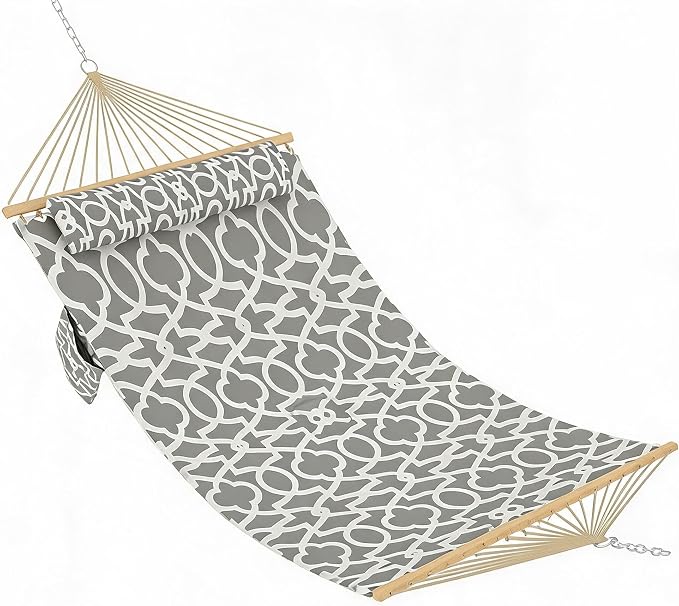 Garvee Double Quilted Fabric Hammock with Hardwood Spreader Bars and Pillow 450 LBS Capacity 2 Person Large Hammock for Outdoor Patio Backyard Poolside（Light Gray Stripes）