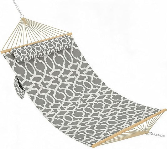 Garvee Double Quilted Fabric Hammock with Hardwood Spreader Bars and Pillow 450 LBS Capacity 2 Person Large Hammock for Outdoor Patio Backyard Poolside（Light Gray Stripes）