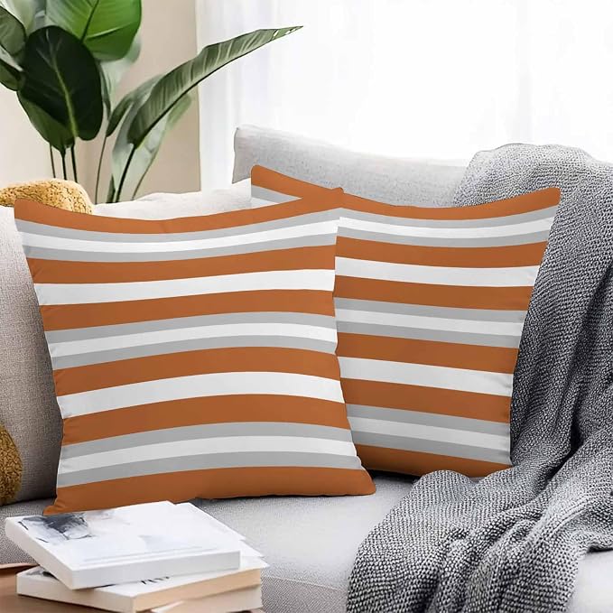 Throw Pillow Covers 24x24 Inch Set of 2, Burnt Orange Grey Stripe Waterproof Outdoor Pillow Covers, Minimalist Farmhouse Striped Decorative Cushion Pillowcases for Couch, Sofa, Bed, Garden, Patio