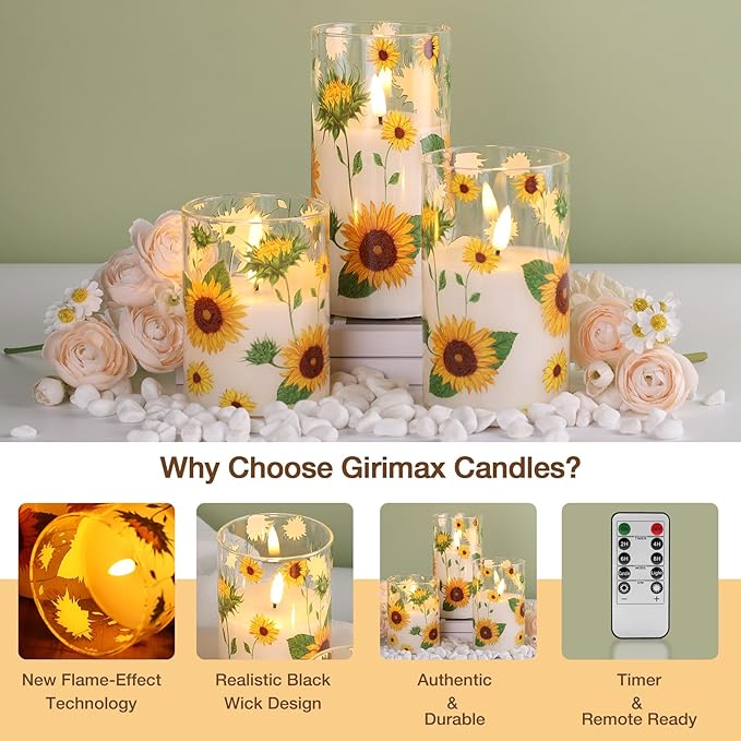 Sunflower Glass Flameless Pillar Candles with Remote, Flickering LED Battery Candles Spring Home Decor Set of 3