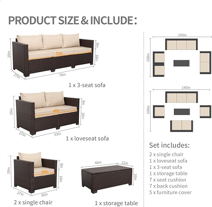 Rattaner 5-Piece Outdoor Furniture Set Patio Furniture Set Outdoor Couch Coffee Table with Storage Non-Slip Cushions and Waterproof Covers, Khaki