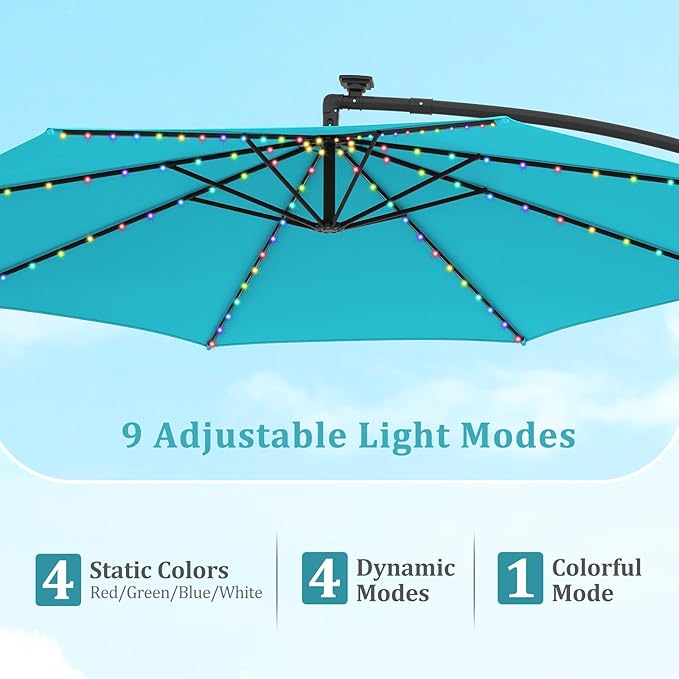 HAPPYGRILL 10 FT Offset Hanging Umbrella with Multi-Colored Flowing LED Lights, 9 Light Modes, Outdoor Patio Cantilever Umbrella with Base, Easy Tilt, 360° Rotation, Crank