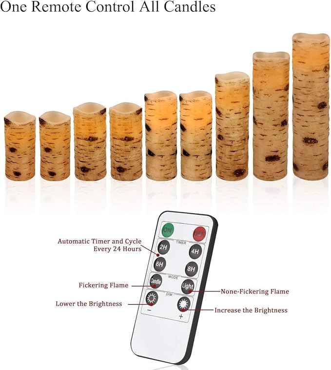 Enpornk Flameless Flickering LED Candles with Birch Bark Effect - Set of 9 Battery-Operated Real Wax Pillar with 10-Key Remote Control - 2/4/6/8 Hour Timer