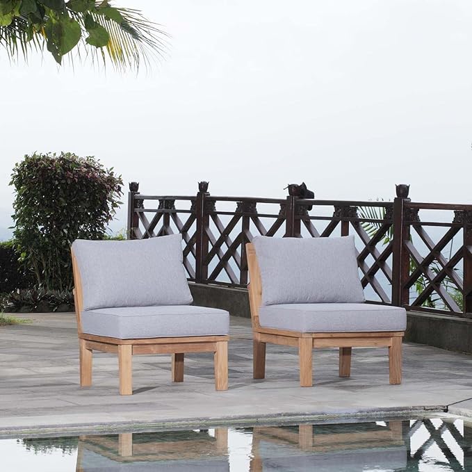Modway EEI-1821-NAT-GRY-SET Marina Premium Grade A Teak Wood Outdoor Patio Armless Chairs-Set of 2, Natural Gray
