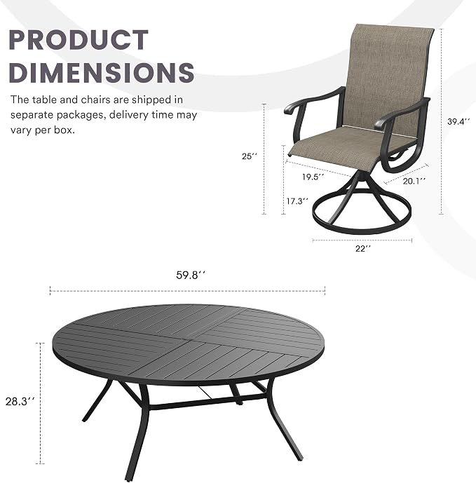 9 Pieces Patio Furniture Dining Set, 8 Textilene Swivel Dining Chairs, 60" Outdoor Round Metal Table with 1.57" Umbrella Hole, Outdoor Dining Set for Porch, Lawn, Garden, Black/Brown