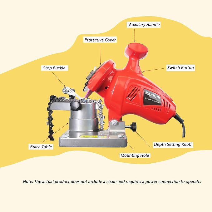 Electric Chainsaw Sharpener, 250W High-Speed Chain Grinder with Adjustable Angle, Heavy-Duty, Mountable, Red Sharpener for Chains from 1/4'' to 3/8'' Pitch