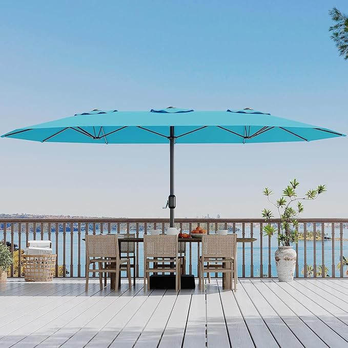 Garvee 15FT Rectangular Outdoor Umbrella Patio Umbrella with Base Included Large Market Umbrellas with Crank Handle UV Protection Table Umbrellas for Outdoor, Backyard, Deck, Poolside, Mist Blue