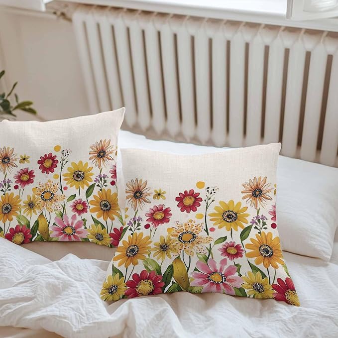 Yellow Red Spring Floral Outdoor Waterproof Throw Pillow Covers 16x16 Set of 2, Pastoral Summer Flower Rustic Decorative Pillowcases Cushion Pillowcase for Couch Sofa Patio Outside Pillow Protector