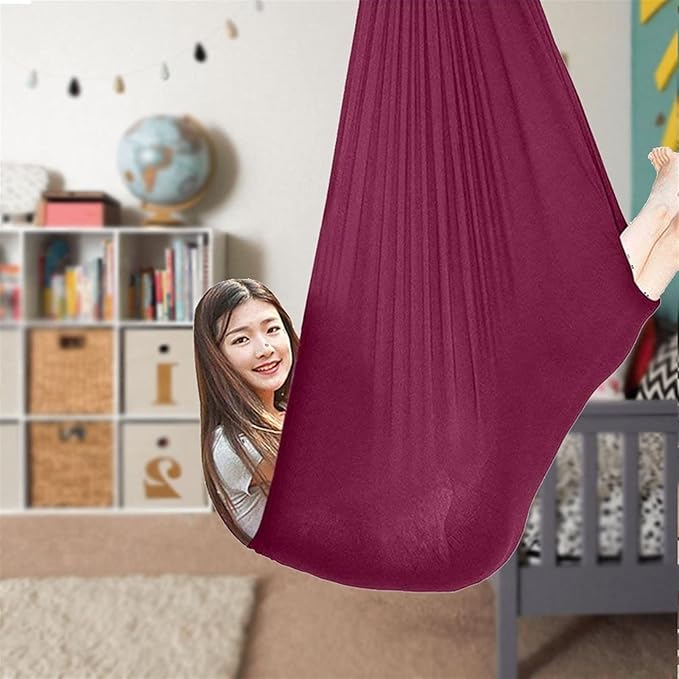 Indoor Therapy Swing Chair for Adults Autism, Cuddle Yoga Hammock Ideal for ADHD Aspergers and Sensory Integration Snuggle 440lbs Load Capacity (Color : Wine red, Size : 100x280cm/39x110in)