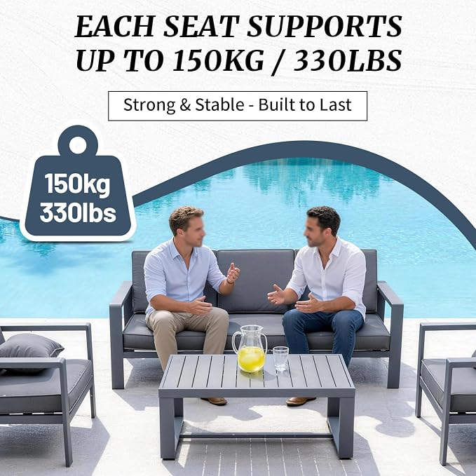Modern All Weather Aluminum Patio Conversation Set,4 Pieces Oversized Metal Sectional Sofa Couch with Cushions and Coffee Table,Outdoor Furniture for Backyard,Porch,Garden, Balcony,Deck Grey