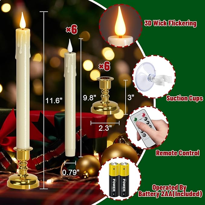 DRomance Christmas Flameless Window Taper Candles Battery Operated with Remote and Timer, 6 Pack Ivory Plastic Dripping LED Flickering Candles with Suction Cups Holiday Indoor Decor(Gold Holders)