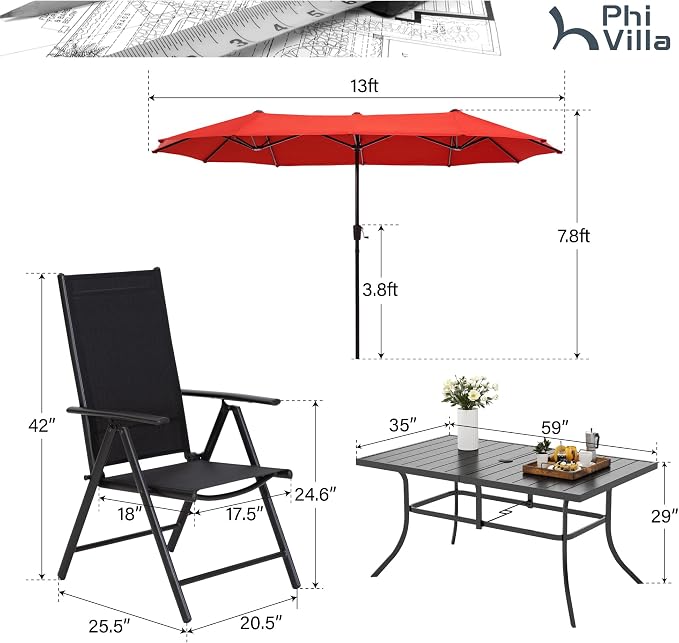PHI VILLA Outdoor Patio Dining Set with Umbrella for 6, Large Rectangle Patio Table Set with 6 Adjustable Folding Sling Chairs(Black) & Red Patio Umbrella for Outside, Deck and Yard (No Umbrella Base)