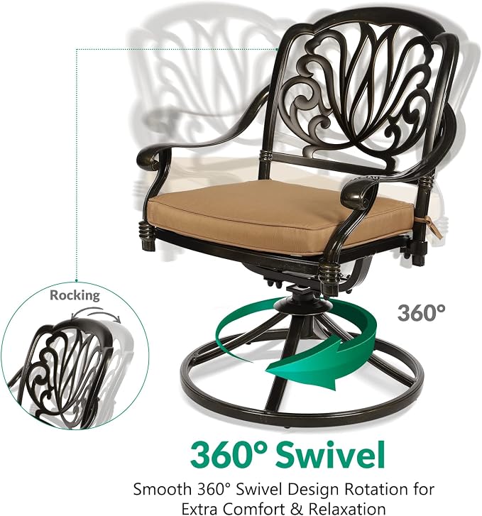 VIVIJASON 7-Piece Outdoor Furniture Dining Set, All-Weather Cast Aluminum Conversation Set Includes 6 Swivel Dining Chairs and a Rectangle Table with Umbrella Hole for Patio Garden Deck