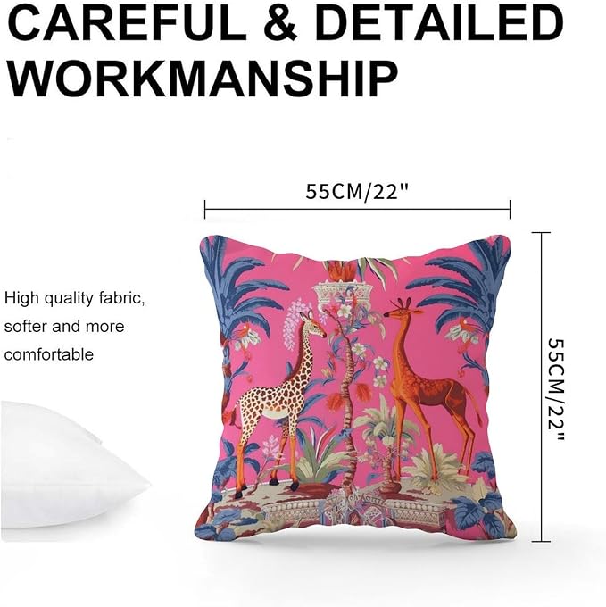 Pillowcase Animal Pink Chinoiserie Cushion Cover Rustic Thailand Giraffe Jungle Pillow Cover Accent Farmhouse Decor Pillow for Couch Sofa Bedroom Car 22x22 in