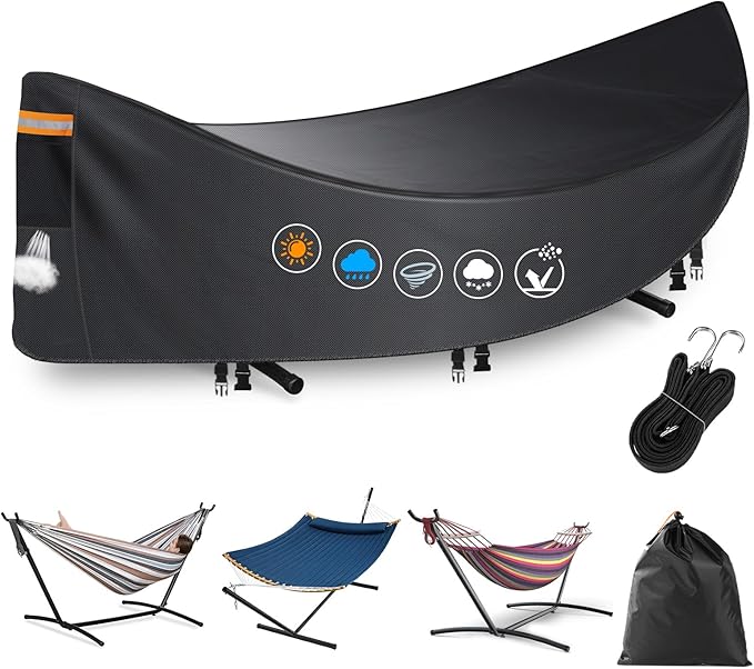 Hammock Cover Waterproof,Heavy Duty 420D Hammock Stand Covers for Outdoor,Breathable Dust Protector with 2 Air Vents,3 Windproof Buckles，Universal Cover Fits for 11-12ft Stand,All-weather Protection
