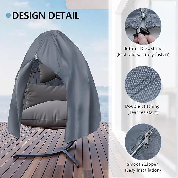 【Upgraded】RICHIE 75”x45” Patio Egg Chair Covers Waterproof & UV Resistant, Heavy-Duty Zippered Cover for Outdoor Egg Swing Chairs, Hanging Chairs, All-Weather Protection for Garden, Balcony - Grey