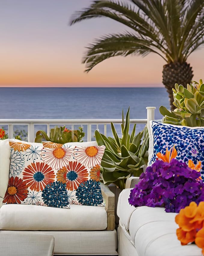 Jartinle Navy Blue Dahlia Flower Outdoor Waterproof Throw Pillow Covers Set of 2 Abstract Floral Printed Outdoor Pillow Covers for Patio Furniture, Porch, Garden 18x18 Inch